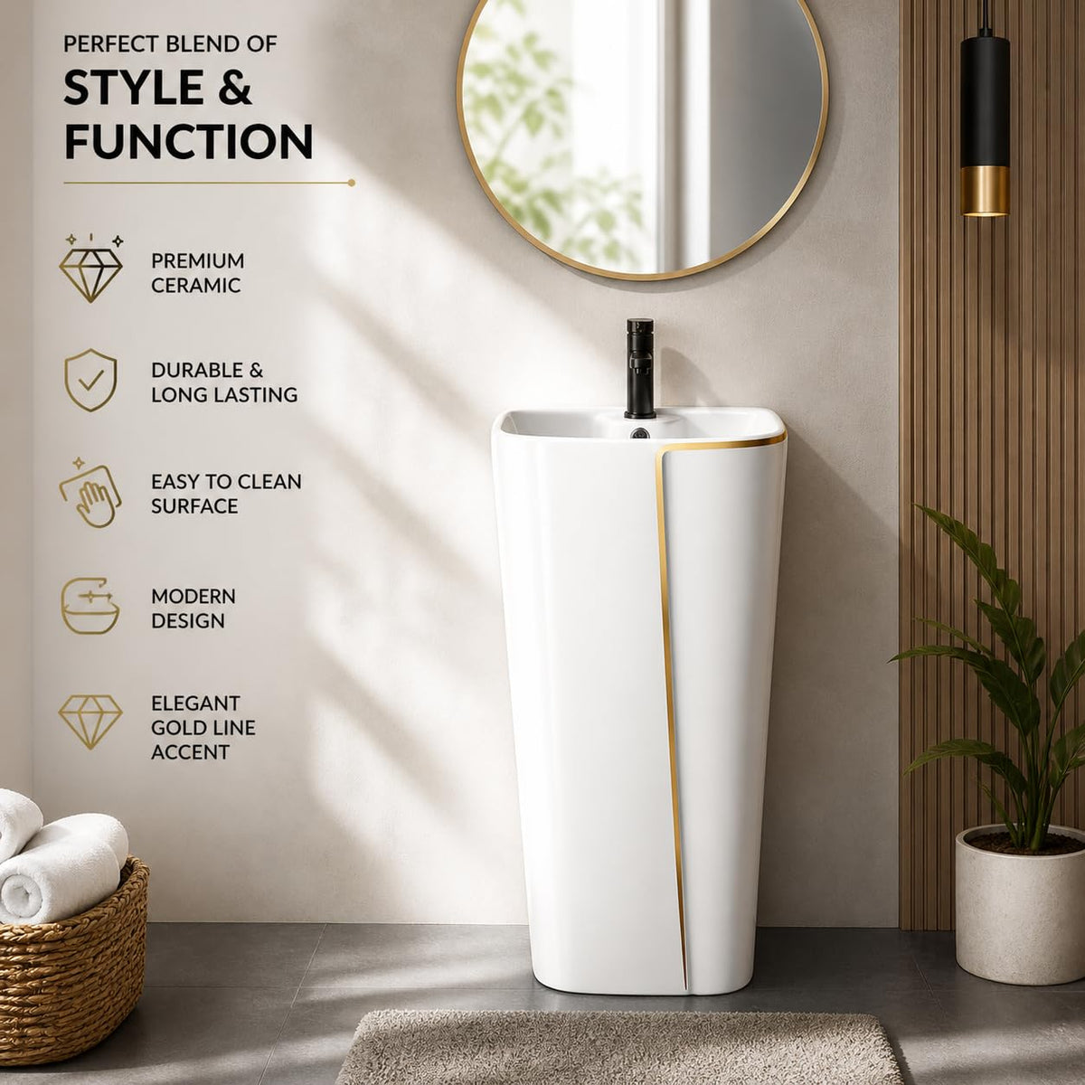 InArt Basin Pedestal Sink - Standing Bathroom Sink White Gold Glossy 43x36 CM, additional product view 2