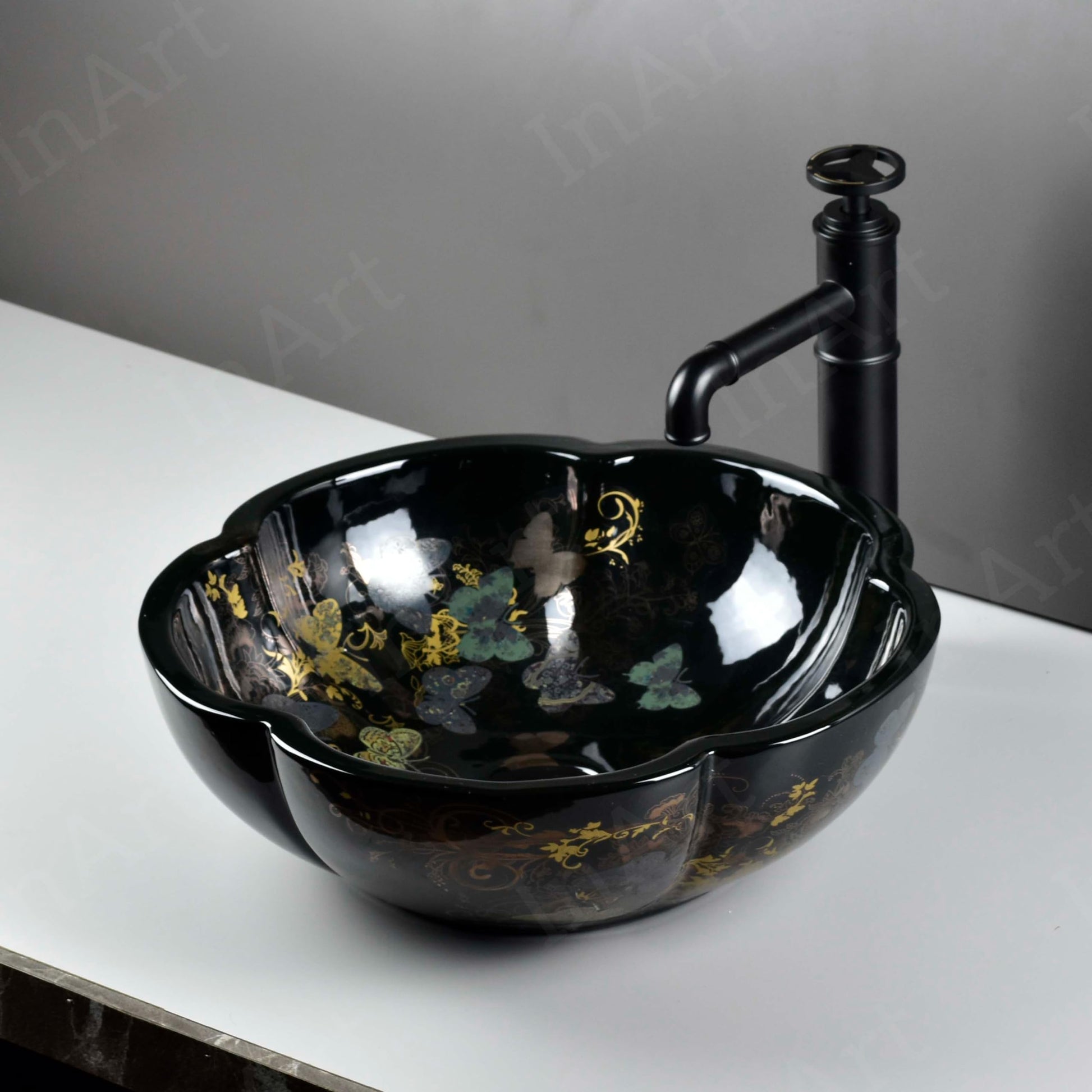 Vessel sinks: InArt ceramic oval tabletop vessel sink, glossy Mexican patterned over counter wash basin