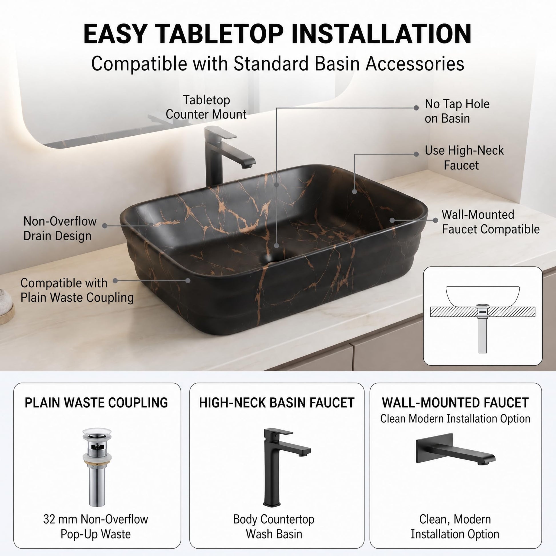 Black Rectangular Ceramic vessel bathroom sink, additional product view 8