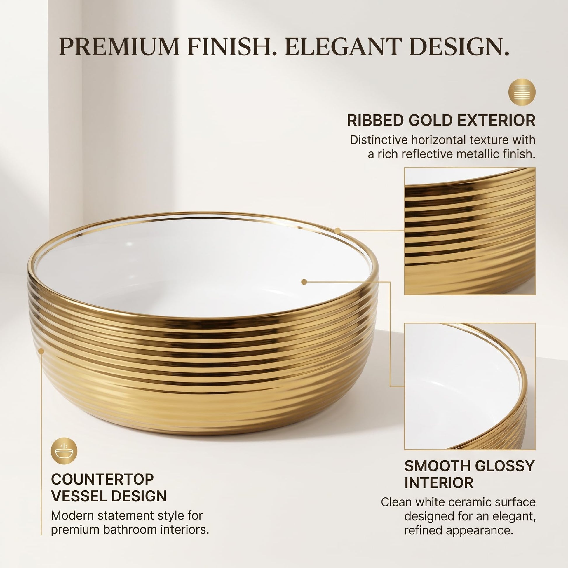 White and Gold Round Ceramic vessel bathroom sink, additional product view 3