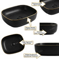 Side angle matte black ceramic vessel sink on vanity, rectangular raised bathroom vanity sink