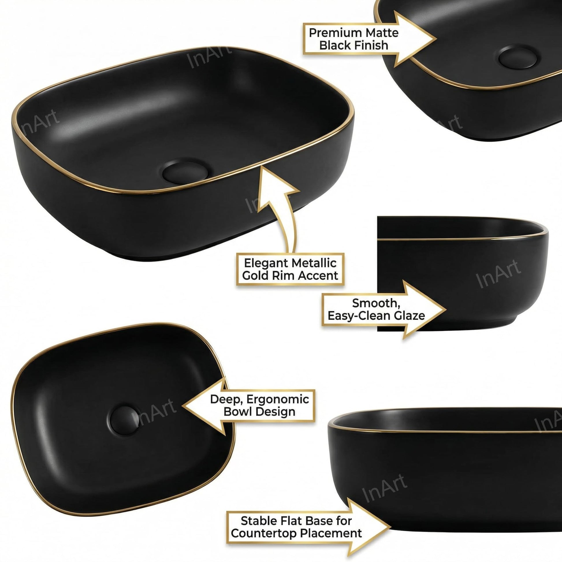 Side angle matte black ceramic vessel sink on vanity, rectangular raised bathroom vanity sink