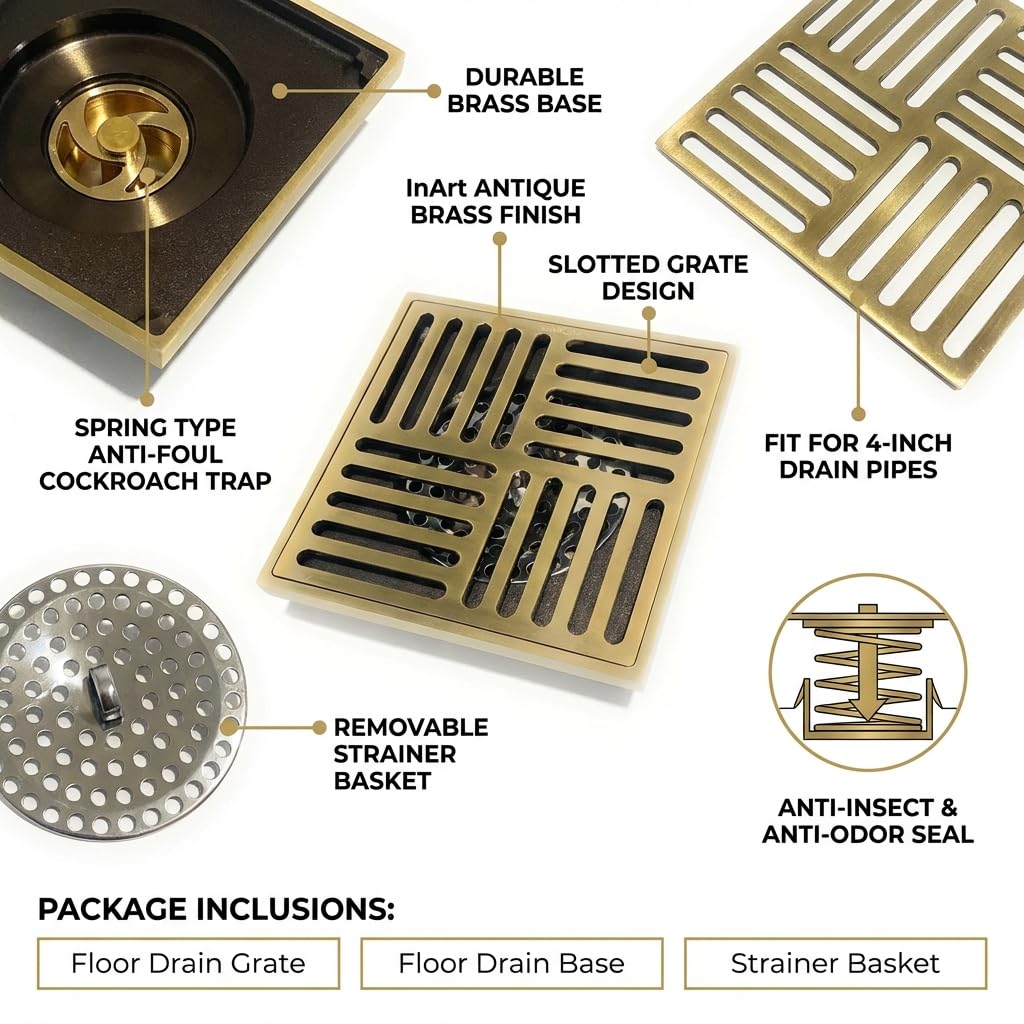 InArt 12 x 4 Inch Square Brass Shower Drain with Removable Strainer Grate, additional product view 3