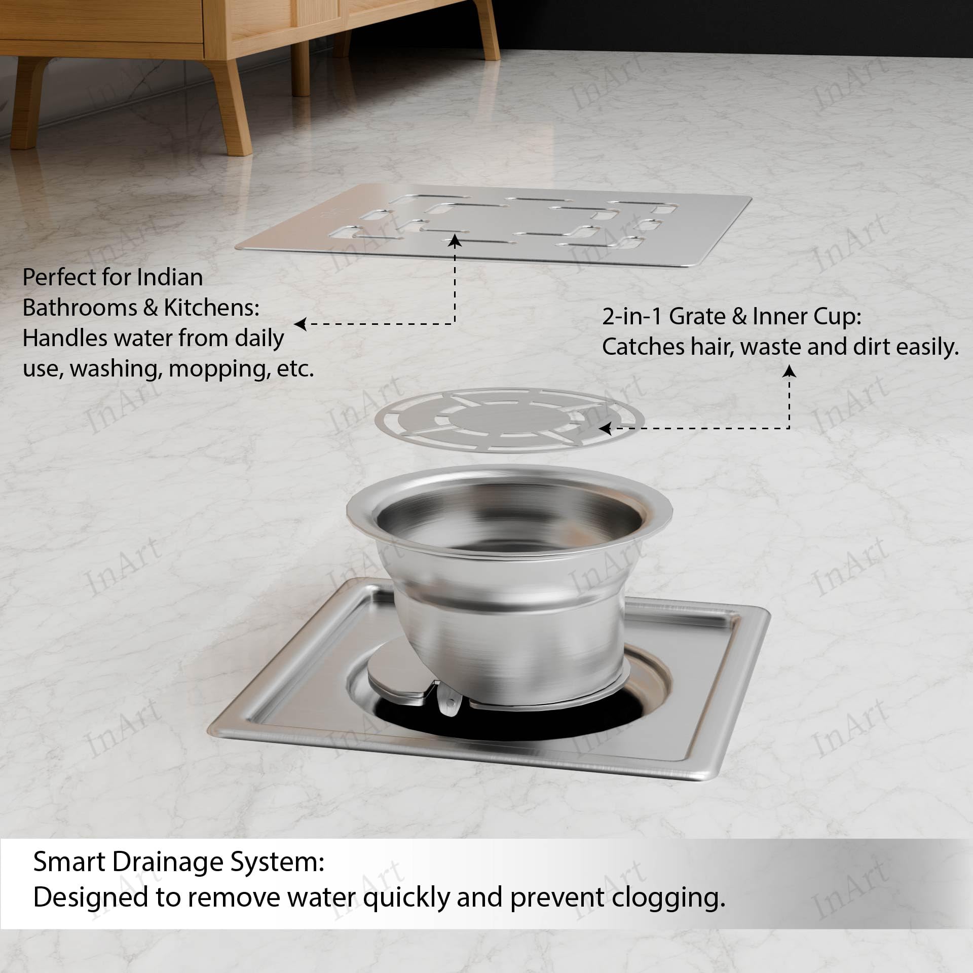 InArt 5 x 5 Inch Square Stainless Steel Shower Drain with Removable Grate, additional product view 2