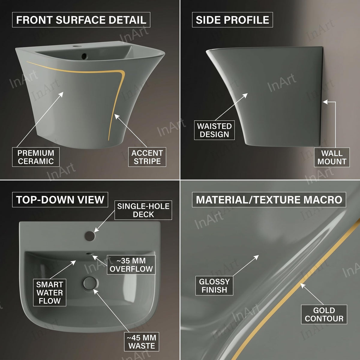 InArt Glossy Grey Wall-Mounted Ceramic Bathroom Sink with Half Pedestal, 21.3 Inch, additional product view 3