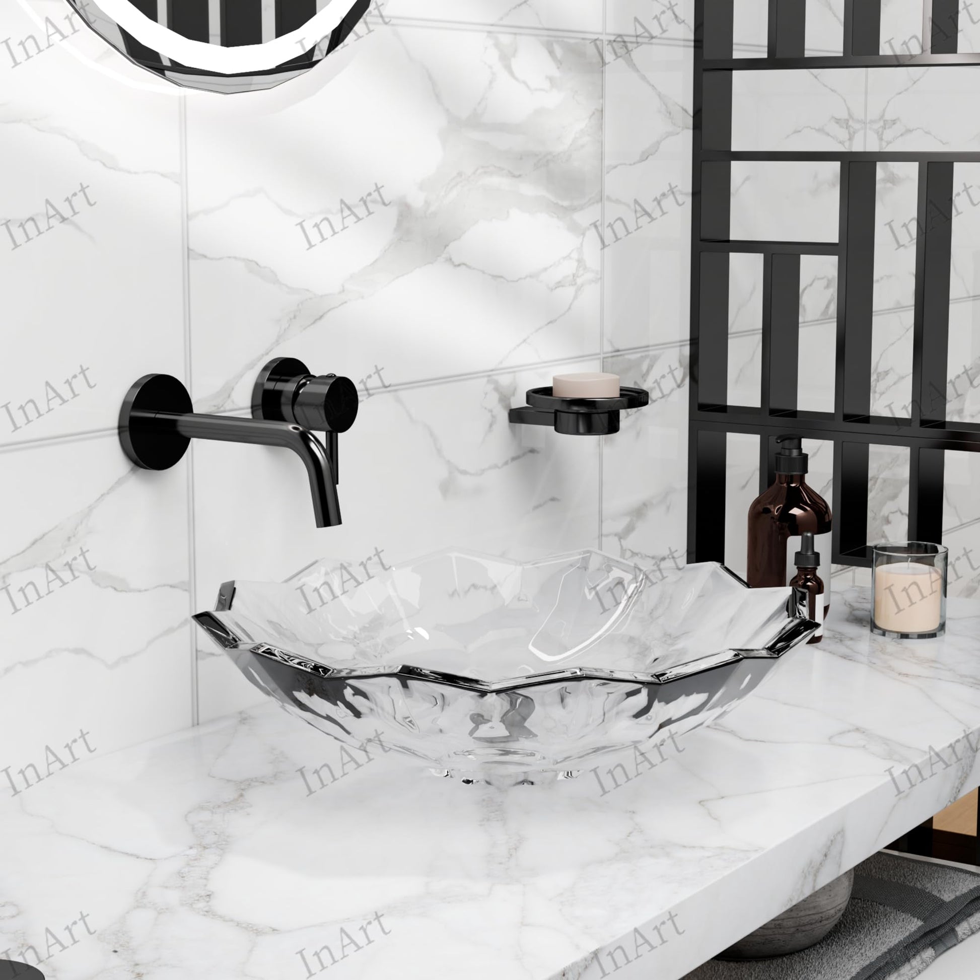 InArt crystal vessel sink detail, prism-cut geometric corners on clear glossy square glass basin
