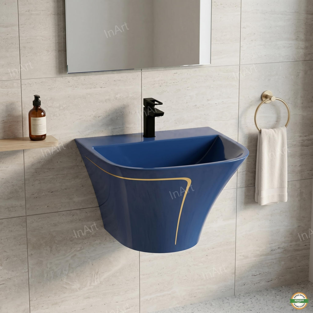 InArt Glossy Blue Wall-Mounted Ceramic Bathroom Sink with Half Pedestal, 19.7 Inch, additional product view 4