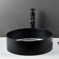 Modern countertop vessel sink basin, black-coated glass round shape with center drain opening, no overflow