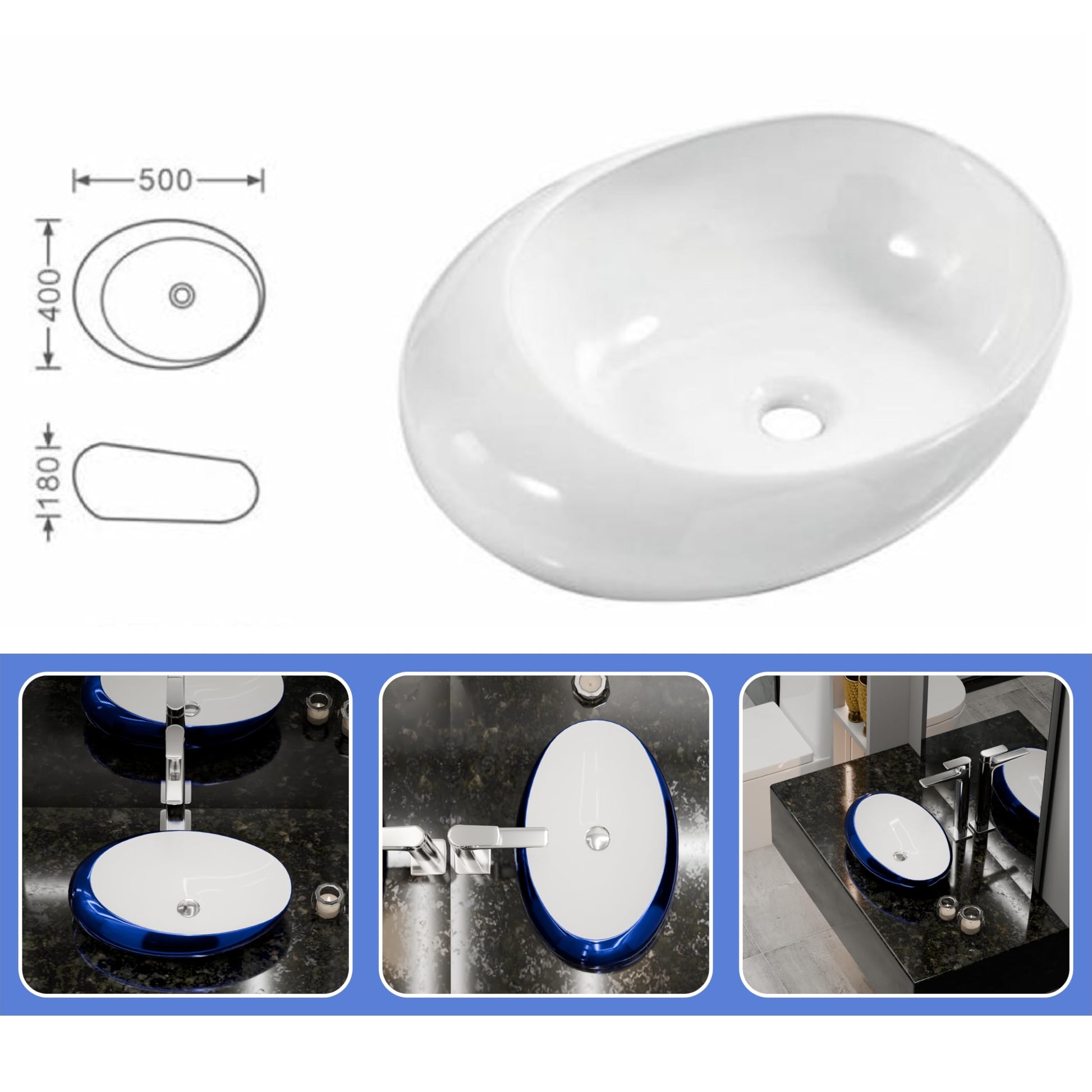 Bathroom vessel sink vanity setup with InArt oval ceramic bowl sink, over counter bathroom sink in blue