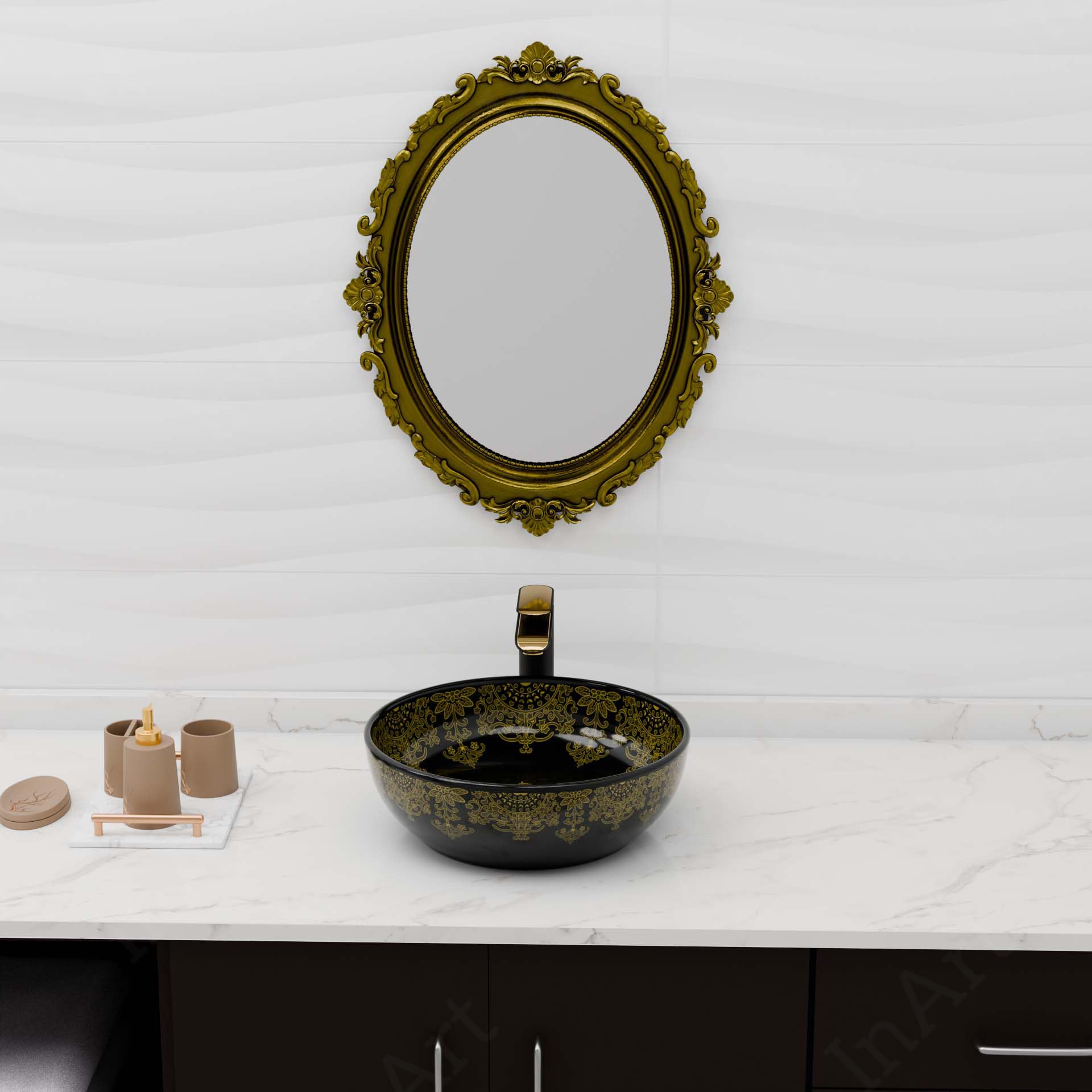 InArt Glossy Black Ceramic Round Vessel Sink – Above Counter, 16" Gold Pattern, additional product view 4