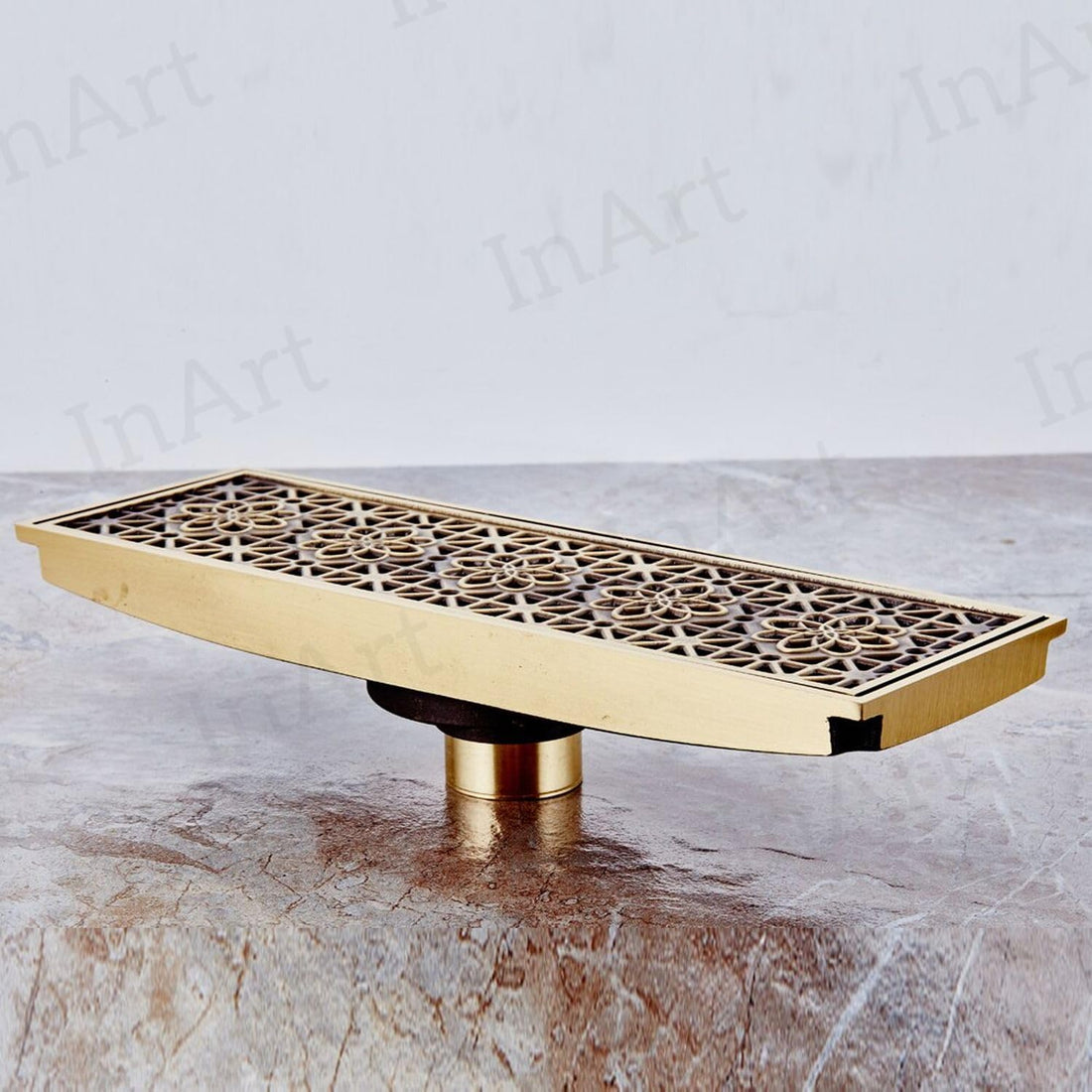 Antique brass brass linear shower drain strainer with decorative lattice grate, 12 x 4 in