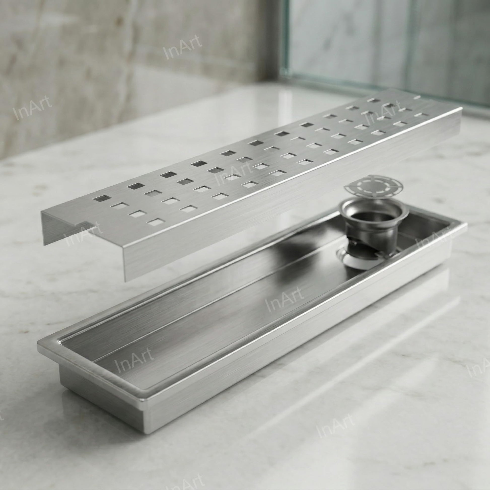 InArt Brushed 304 Stainless Steel Linear Shower Drain Stainless Steel – 12" x 4", Side Outlet, additional product view 5
