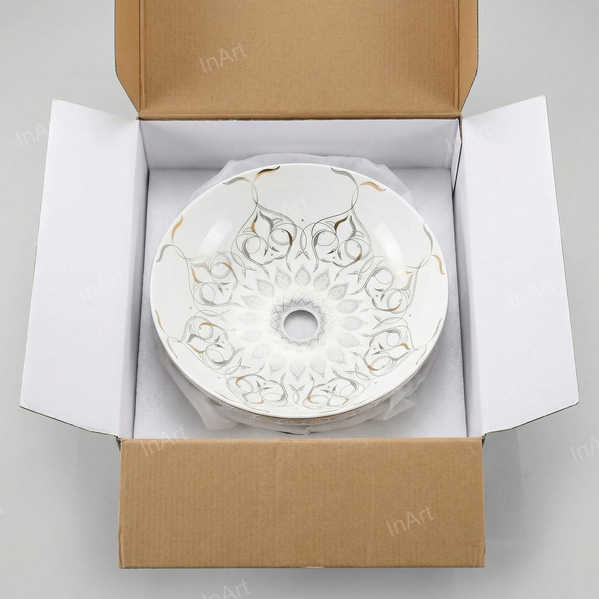 Small round vessel sink for bathroom countertop, InArt ceramic above counter sink in white and gold