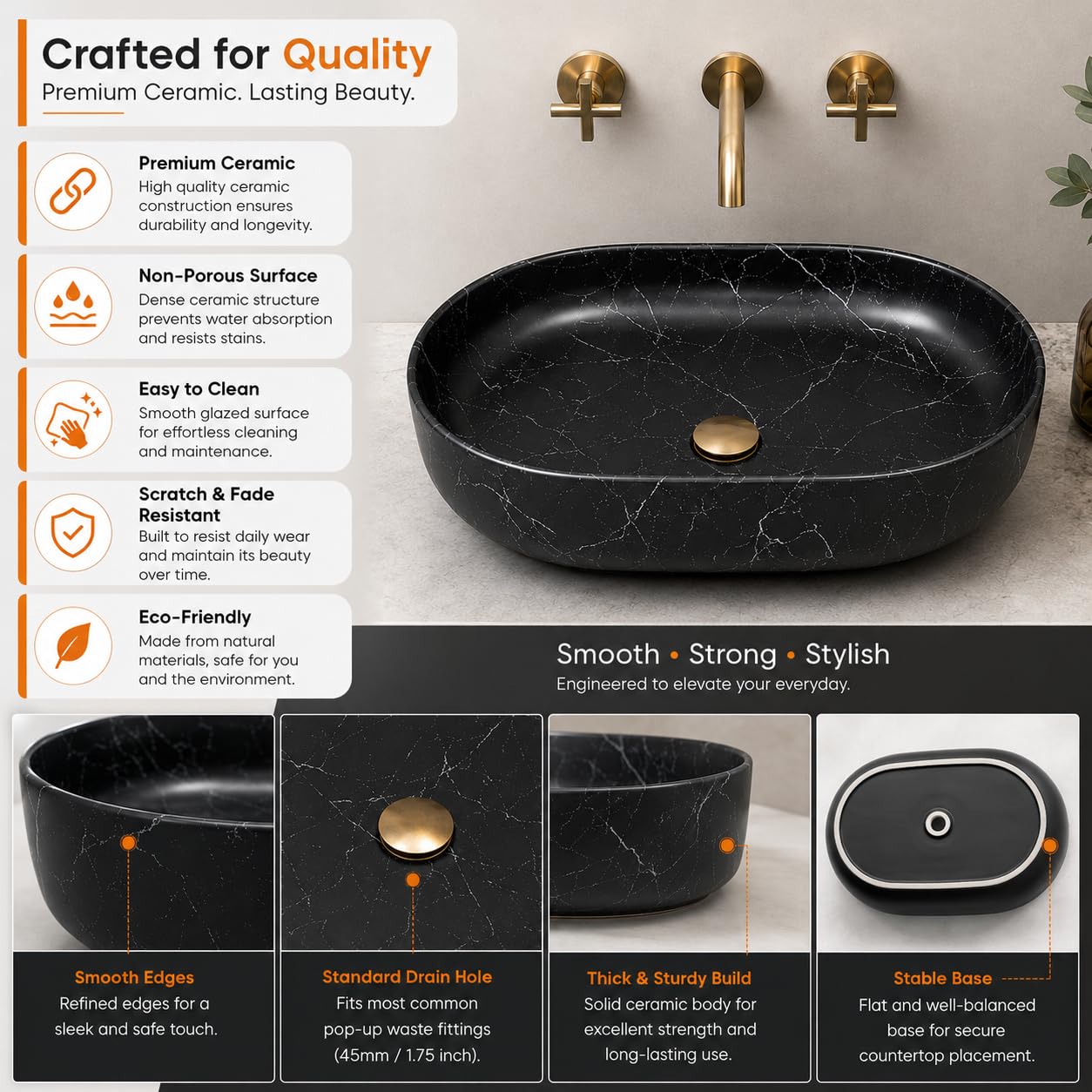 Black Oval Ceramic vessel bathroom sink, additional product view 6