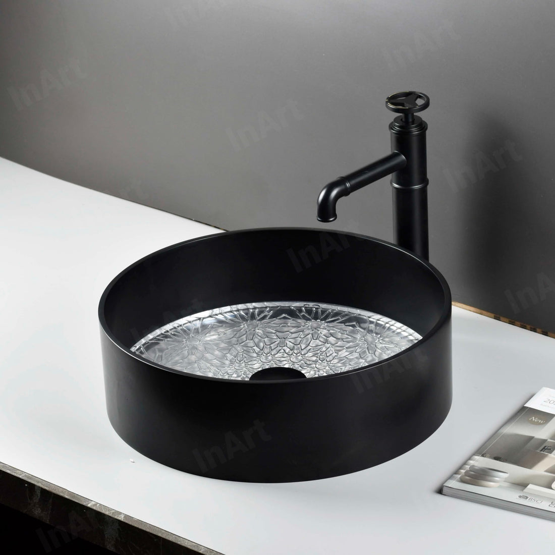 Above-counter bathroom vessel sink, matte black glass round bowl with textured clear base, 15.7-inch diameter