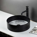 Above-counter bathroom vessel sink, matte black glass round bowl with textured clear base, 15.7-inch diameter