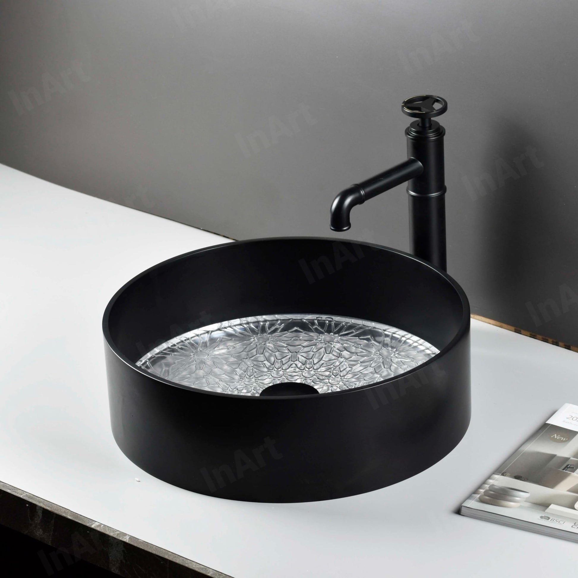 Above-counter bathroom vessel sink, matte black glass round bowl with textured clear base, 15.7-inch diameter