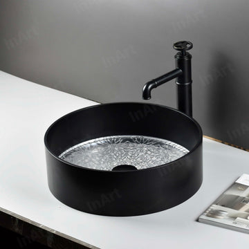 Above-counter bathroom vessel sink, matte black glass round bowl with textured clear base, 15.7-inch diameter
