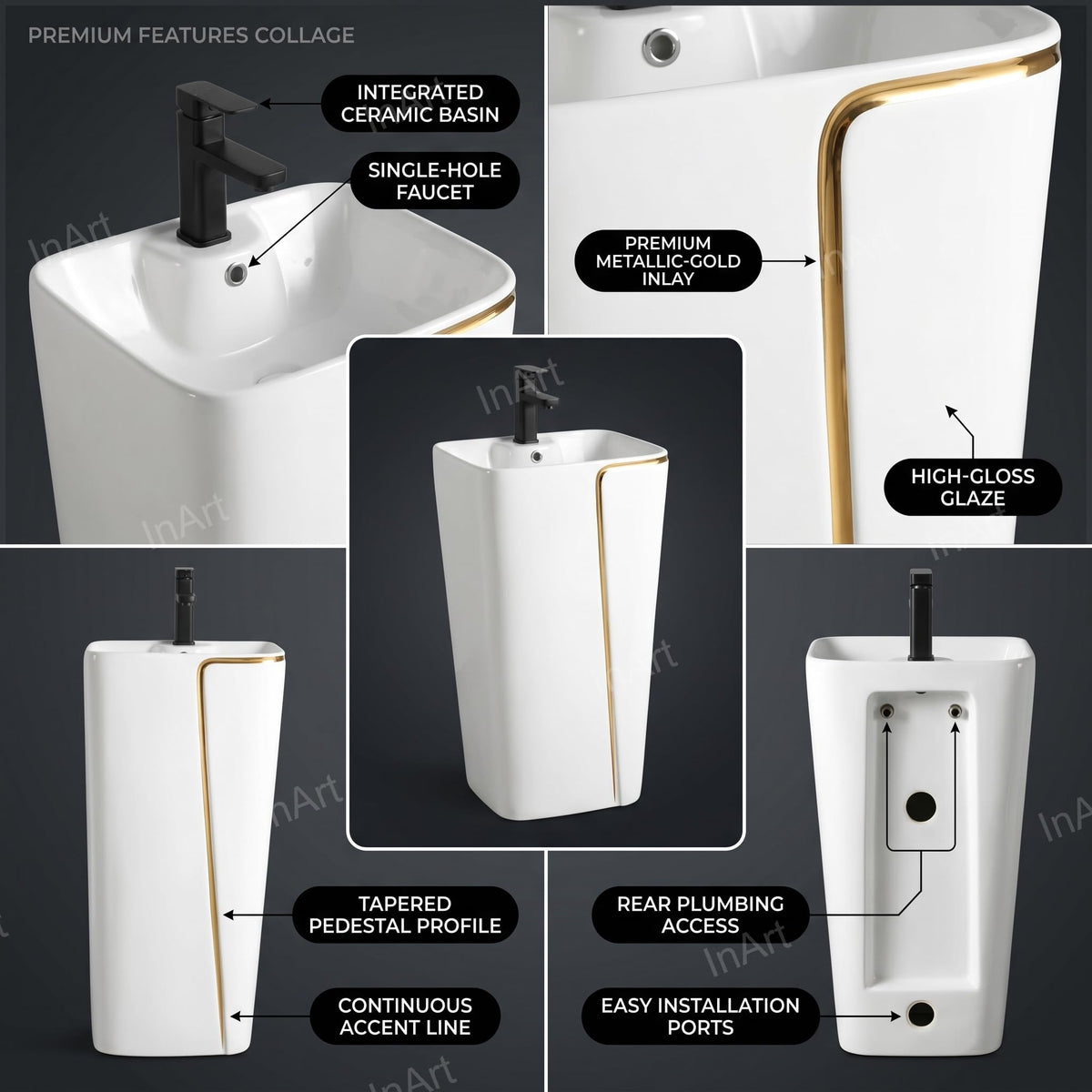 InArt Basin Pedestal Sink - Standing Bathroom Sink White Gold Glossy 43x36 CM, additional product view 3