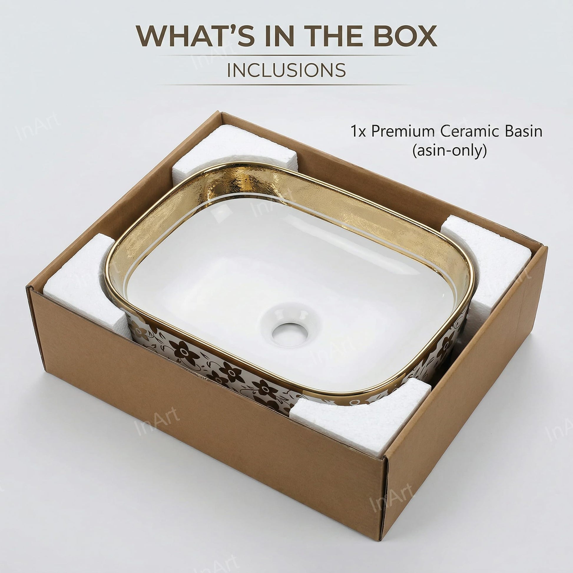 Counter top basins for bathrooms, small oval vessel sink in ceramic with white finish and gold accent