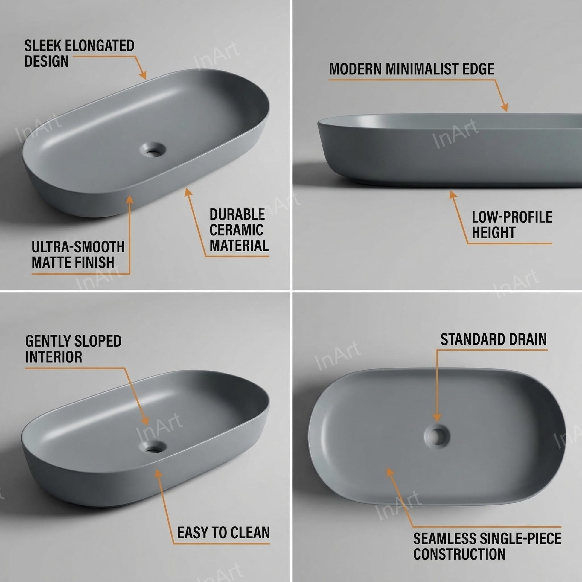Table top sink front angle, large 80x40cm matte gray rectangular vessel bathroom sink in ceramic