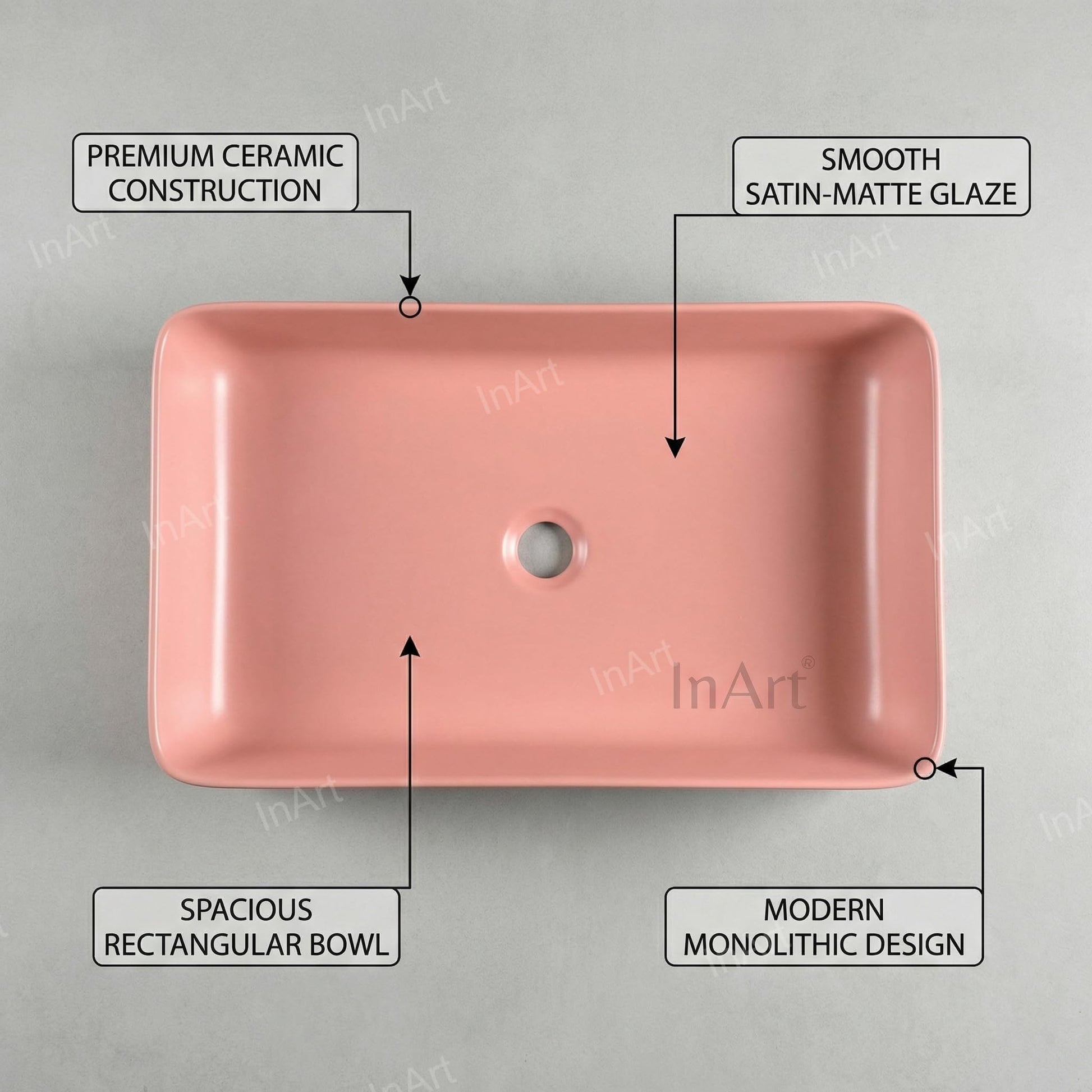Pink Rectangular Ceramic vessel bathroom sink, additional product view 2