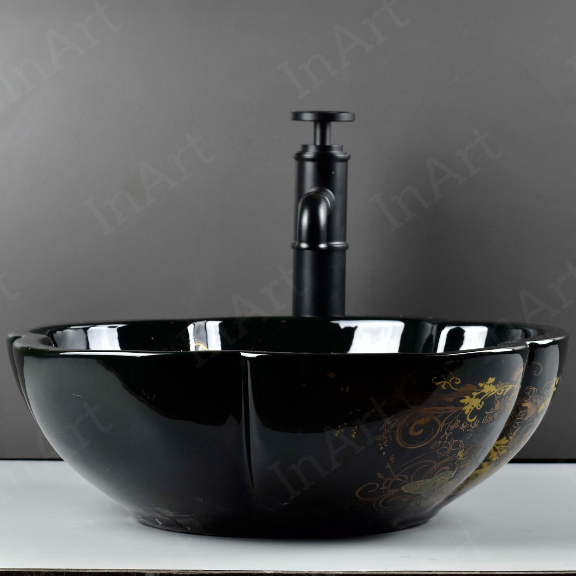 Ceramic oval vessel sink vanity angle view, glossy decorative Mexican pattern tabletop bathroom bowl sink