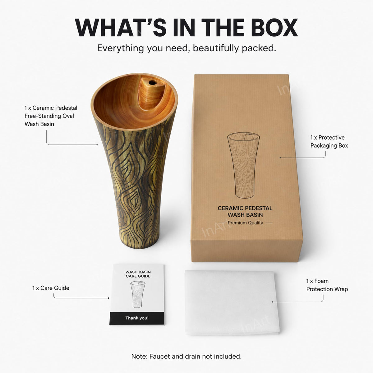 InArt Basin Pedestal Sink - Standing Bathroom Sink Wooden 38x38 CM, additional product view 8