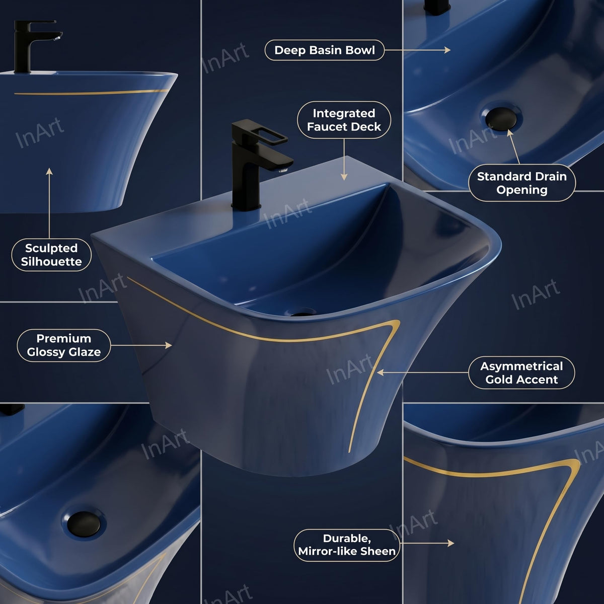 InArt Glossy Blue Wall-Mounted Ceramic Bathroom Sink with Half Pedestal, 19.7 Inch, additional product view 3