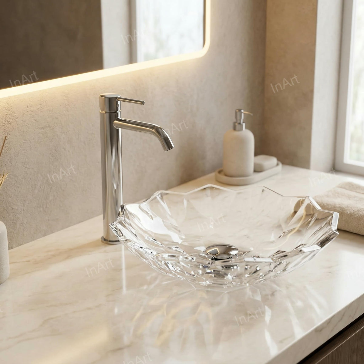 InArt Transparent Prism Crystal Glass Vessel Sink for Countertop Bathrooms, 18.1 Inch, additional product view 4