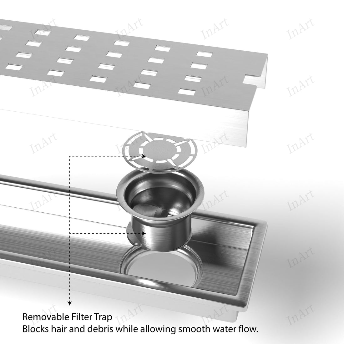 Brushed 304 stainless steel linear shower drain channel with square perforated grate, 18 x 4 in