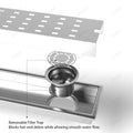 Side outlet connection detail on brushed stainless steel shower drainage channel linear drain