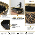 Ceramic sink vessel oval bowl, side angle showing glossy black exterior and gold rim detail