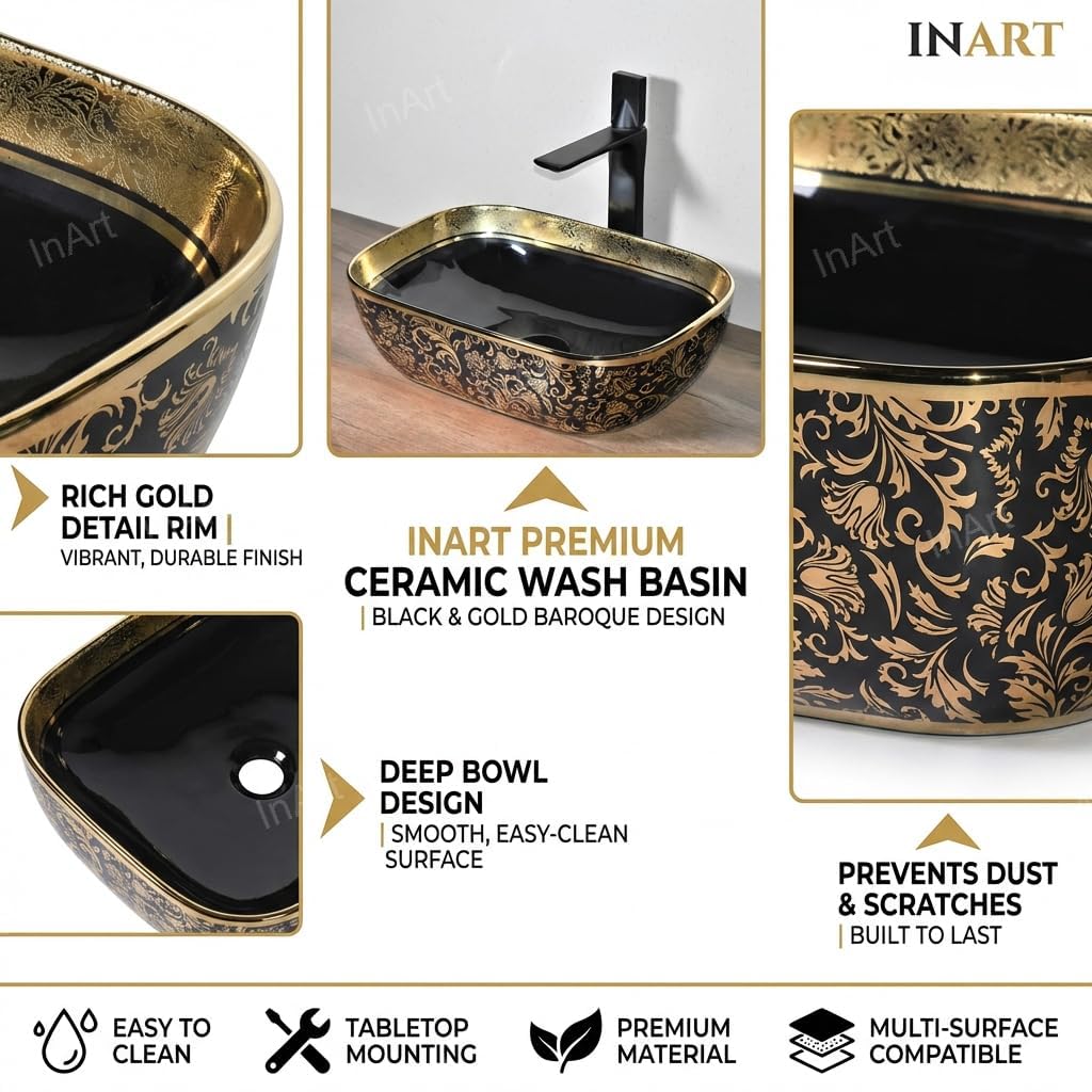 Ceramic sink vessel oval bowl, side angle showing glossy black exterior and gold rim detail