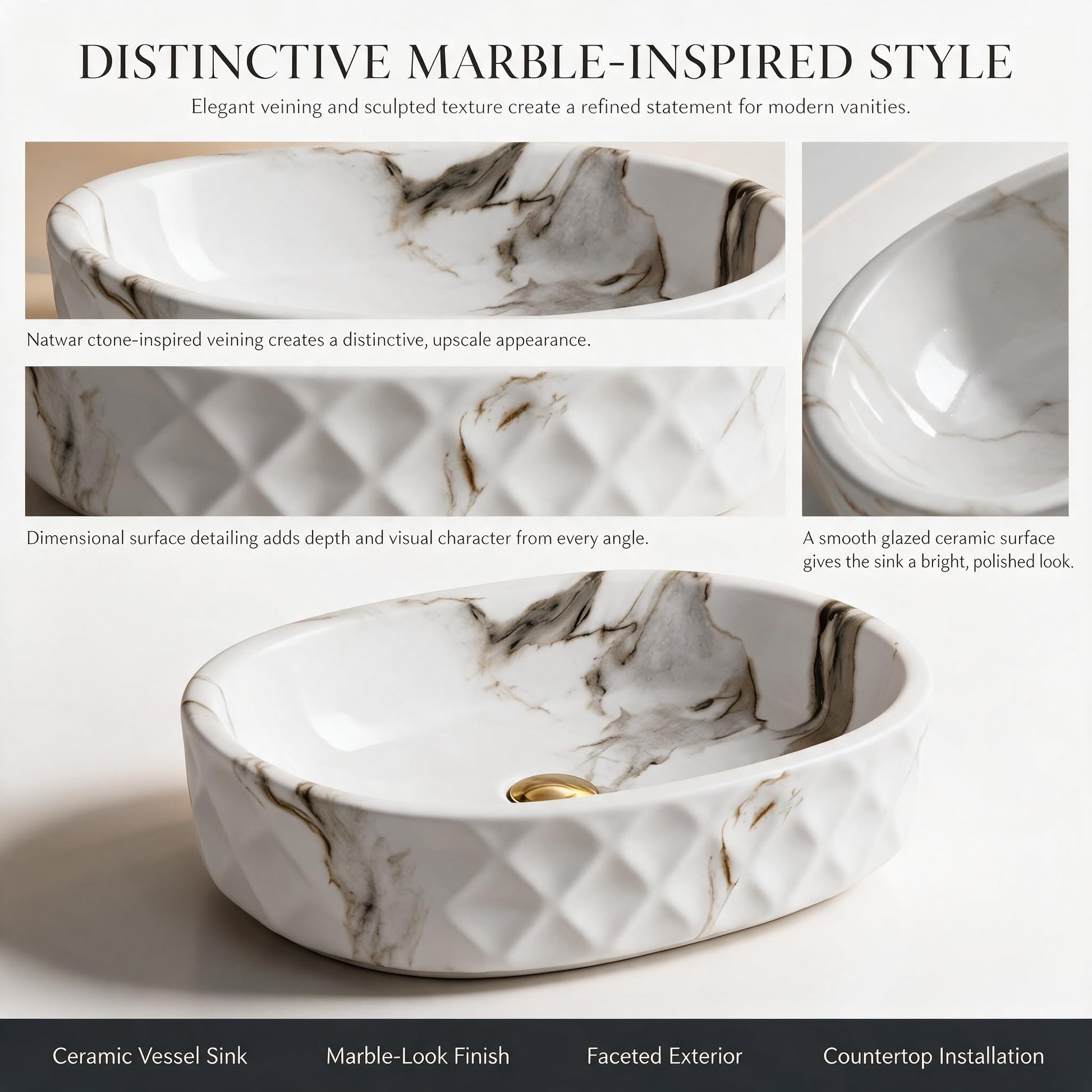 White, Gray and Taupe Oval Ceramic vessel bathroom sink, additional product view 5