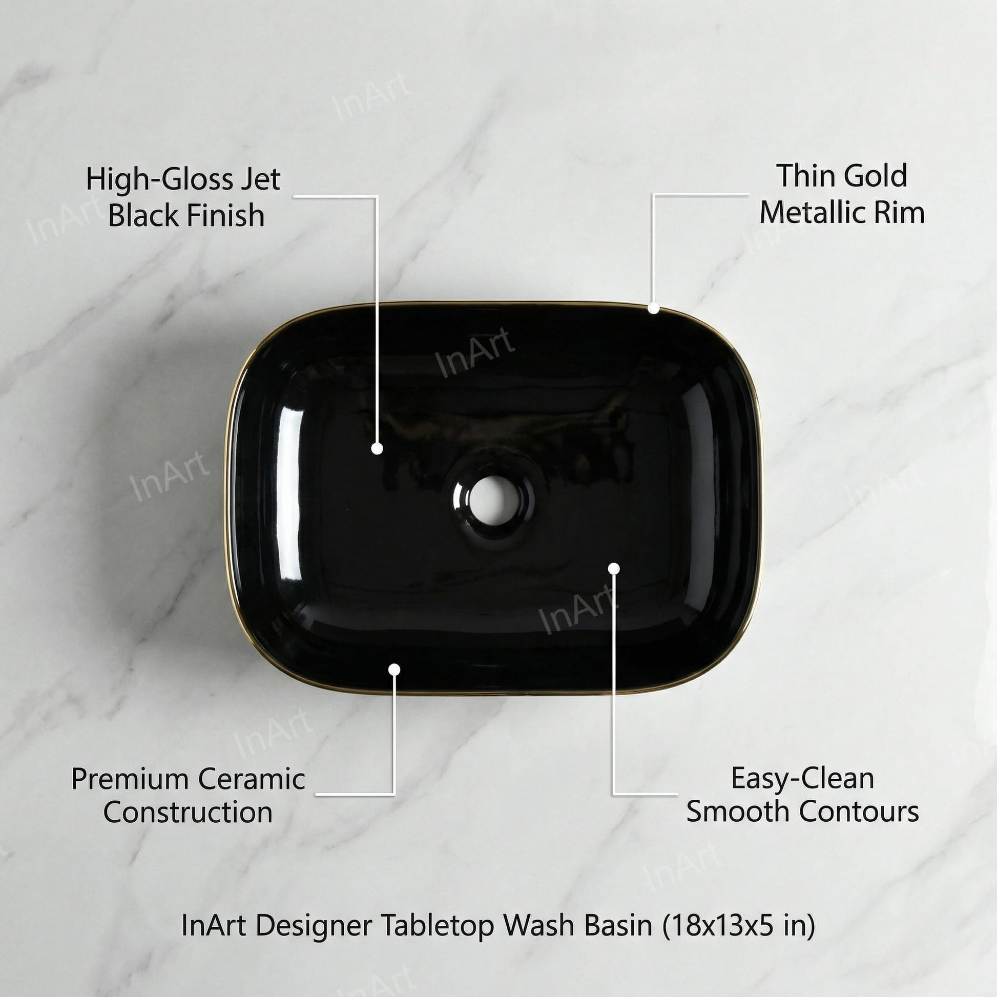 Rectangular ceramic bathroom sink, glossy black and gold vessel sink on vanity, front angle view
