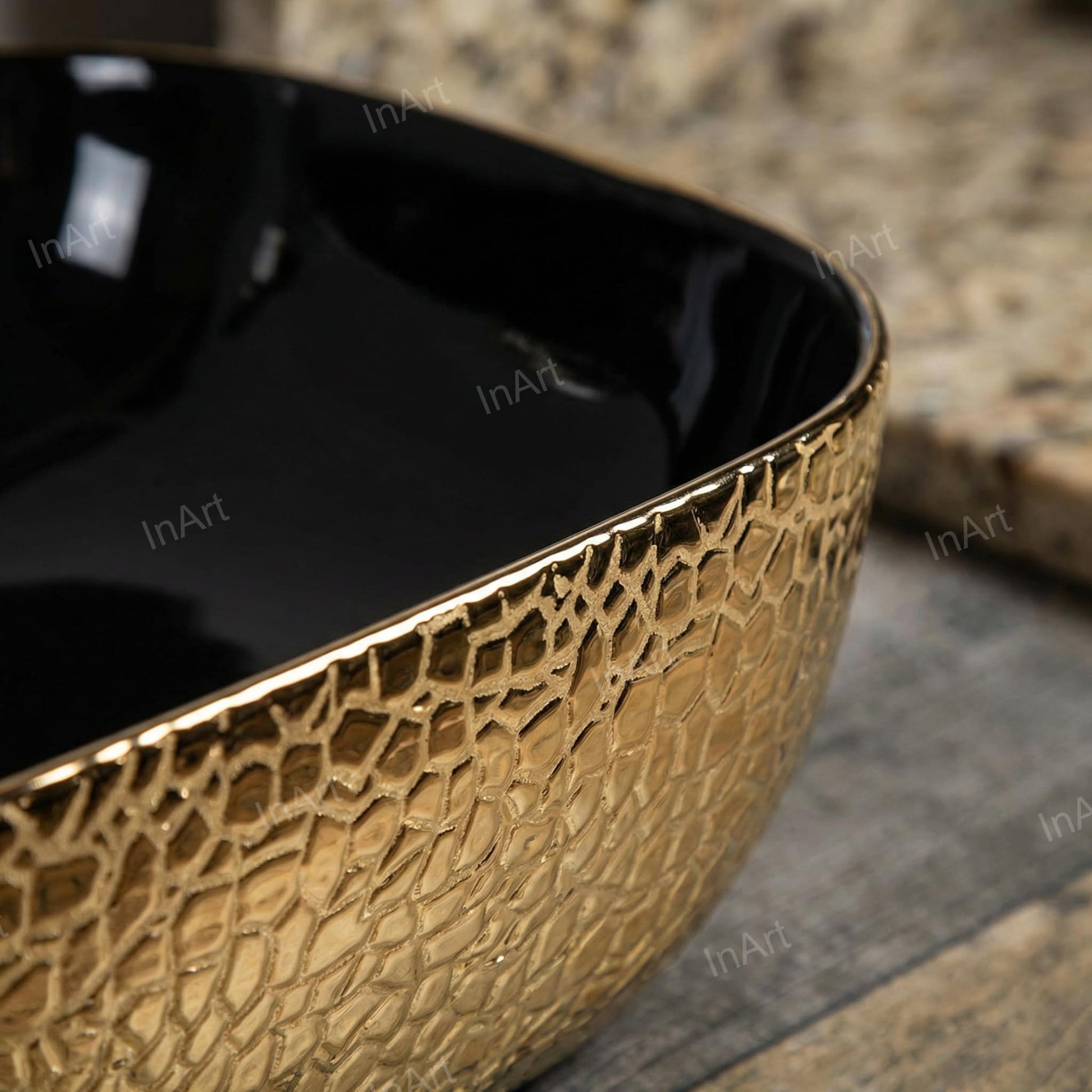 Bathroom sink over the counter with smooth glazed rim, rectangular ceramic vessel sink black gold finish