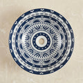 Vessel round sink in Mexican Blue, round ceramic bowl sink side angle on vanity, InArt premium basin