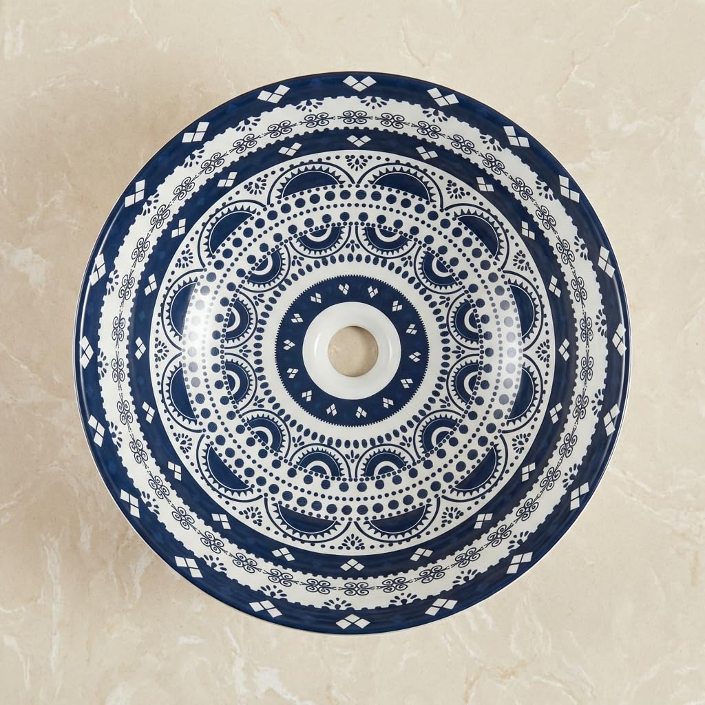 Vessel round sink in Mexican Blue, round ceramic bowl sink side angle on vanity, InArt premium basin