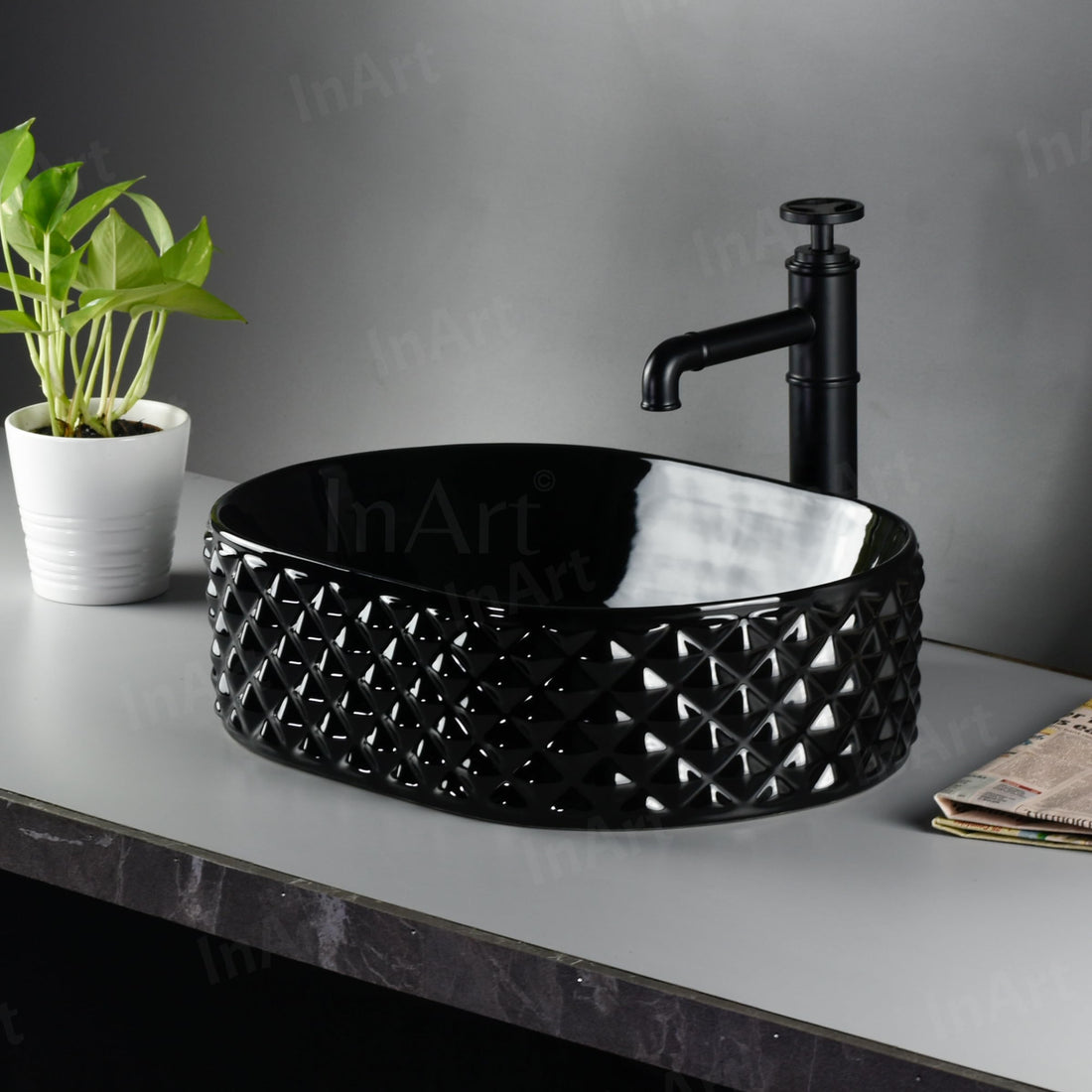 Jet Black Oval Ceramic vessel bathroom sink