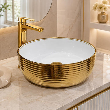 White and Gold Round Ceramic vessel bathroom sink