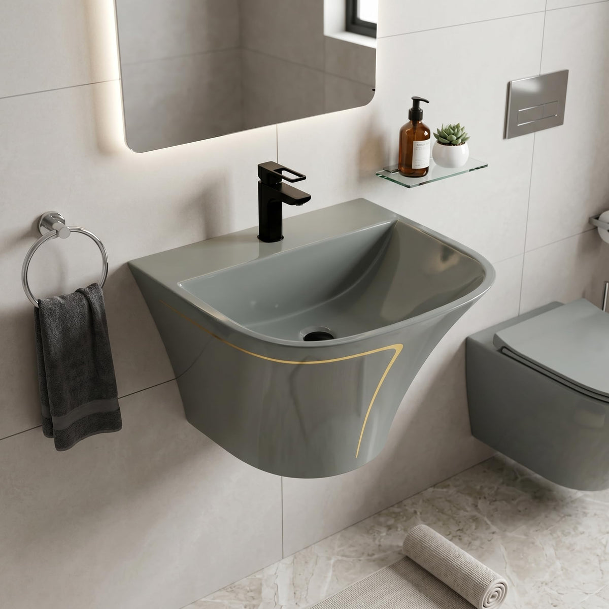 InArt Glossy Grey Wall-Mounted Ceramic Bathroom Sink with Half Pedestal, 21.3 Inch