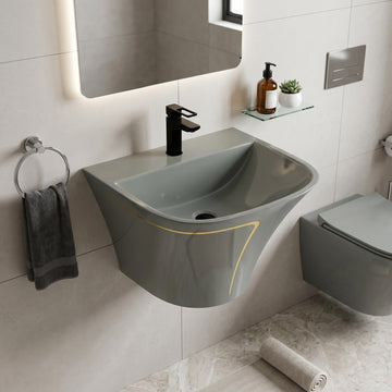 InArt Glossy Grey Wall-Mounted Ceramic Bathroom Sink with Half Pedestal, 21.3 Inch