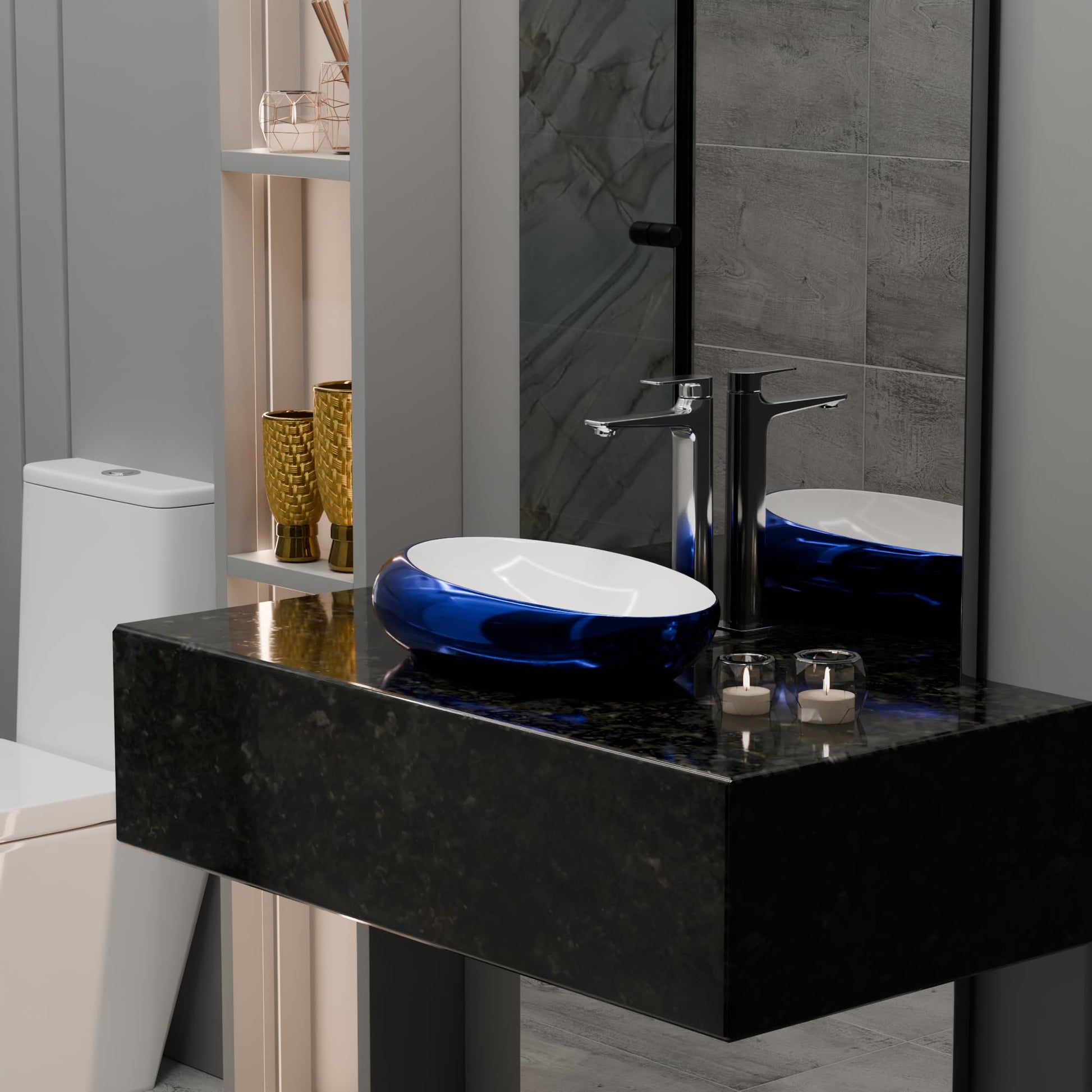 Bowl sink vanity top view of InArt ceramic oval bath bowl sink, glossy blue tabletop vessel basin