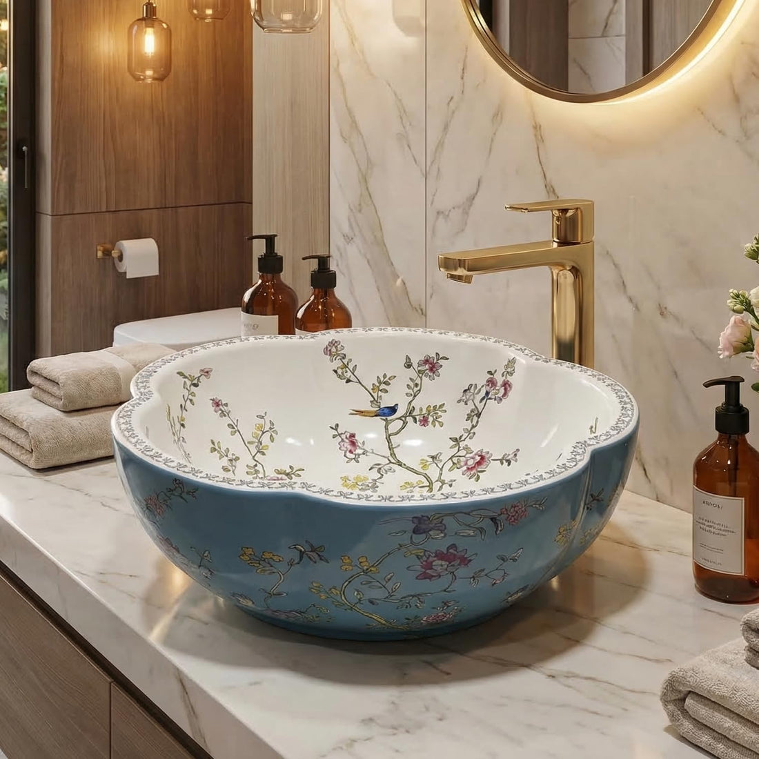InArt Glossy Light Blue Ceramic Round Vessel Sinks – Scalloped Rim, 16"