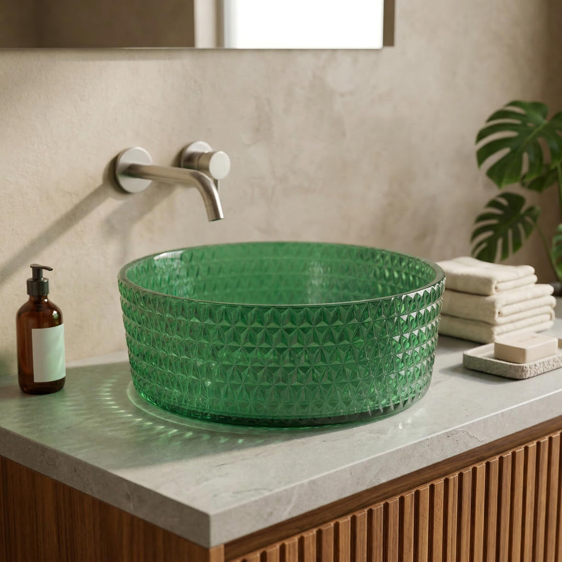 InArt Green Tinted Glass Vessel Sink for Countertop Bathroom Vanities, 15.6 Inch