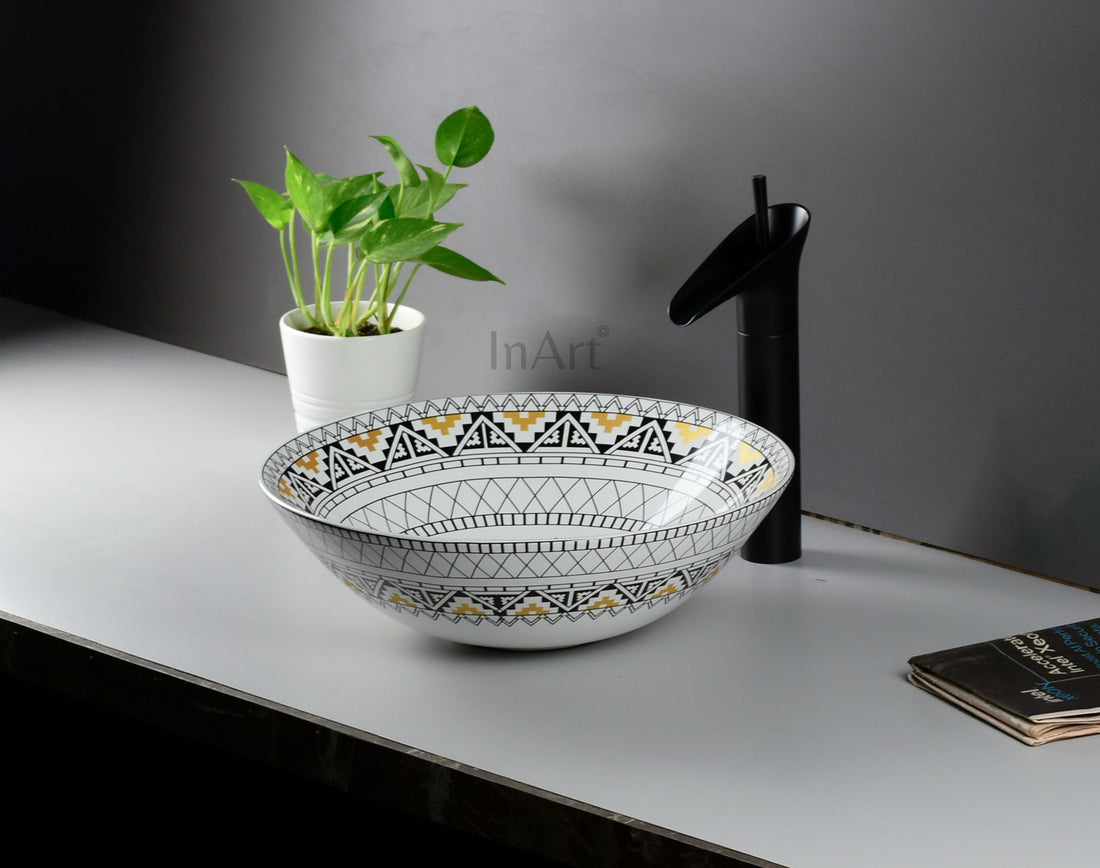 Bathroom sinks above counter: InArt Mexican ceramic round vessel sink 40.5 cm, yellow Talavera pattern