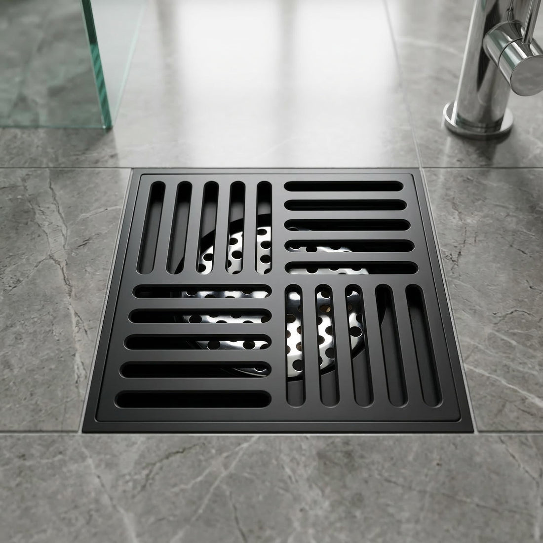 InArt Matte Black 12 x 4 Inch Brass Floor Drain with Removable Strainer