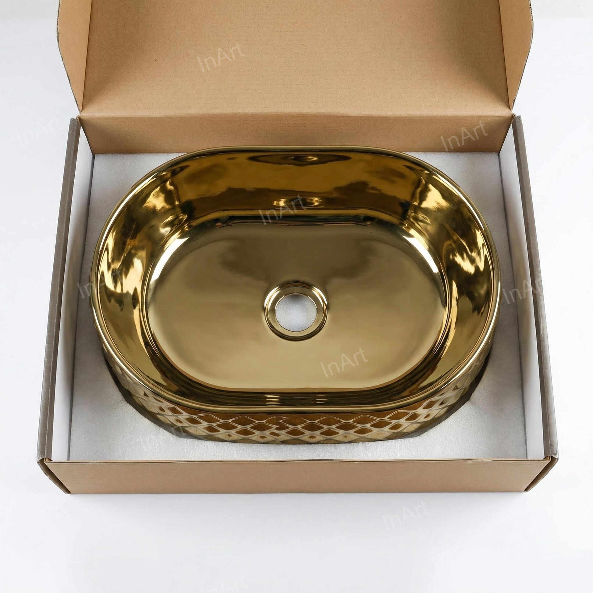 Vessel sink and vanity pairing, InArt glossy gold oval ceramic tabletop basin for bath or kitchen