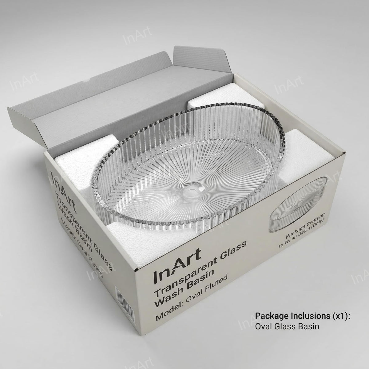 InArt Crystal Clear Oval Glass Vessel Sink, Fluted Ribbed Design, 19.7 x 14.6 Inch Bathroom Basin, additional product view 8